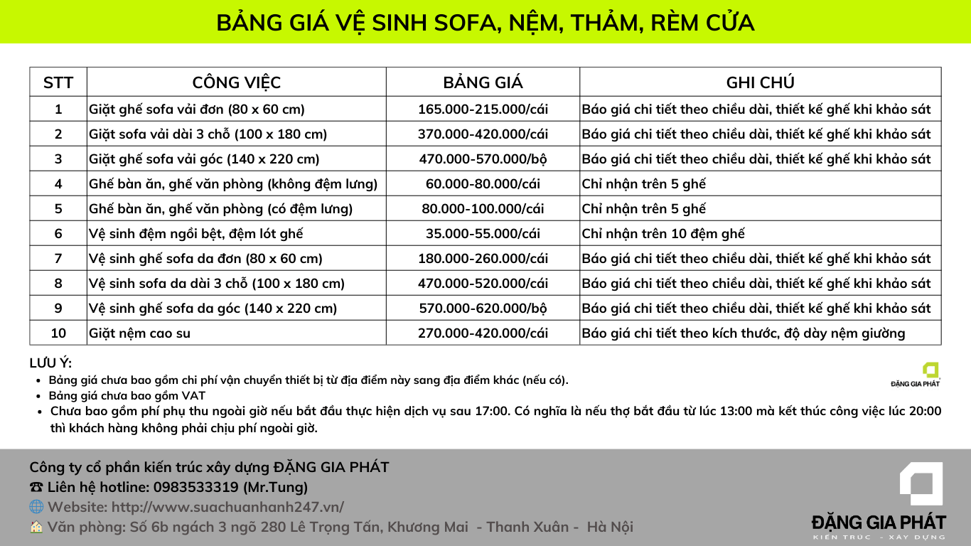 Bảng giá giặt ghế sofa, thảm nệm, rèm cửa tại Hà Nội của Sửa Chữa Nhanh 24/7