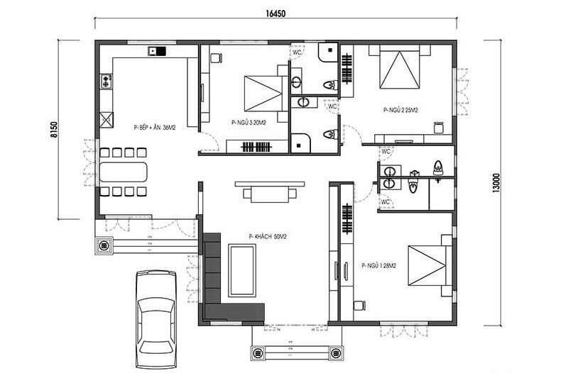 Bản vẽ thiết kế nhà cấp 4 3 phòng ngủ nhà mái thái