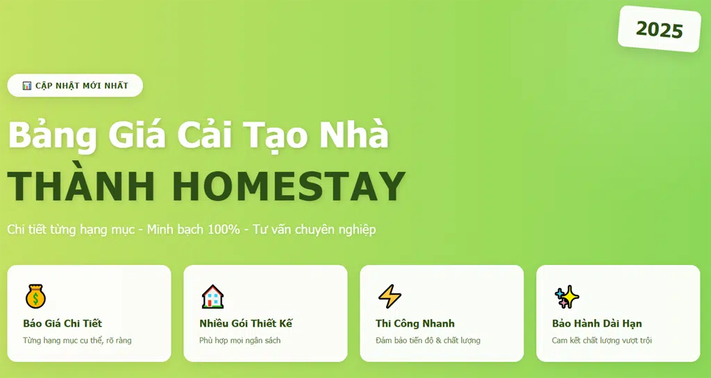 Bảng giá cải tạo nhà thành homestay