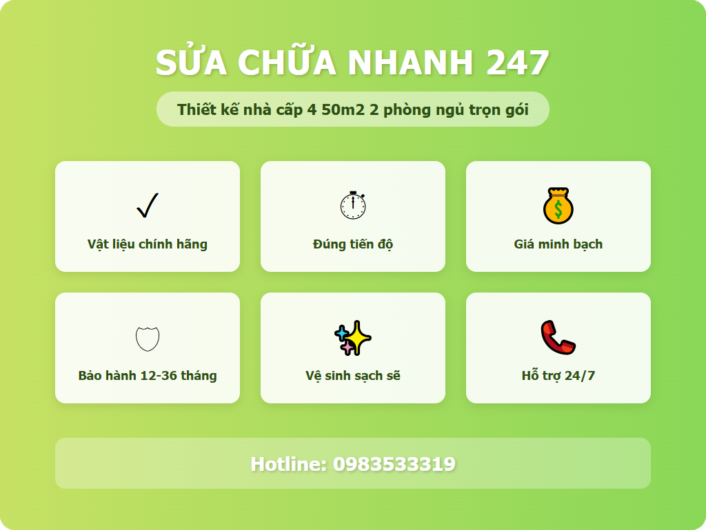 dịch vụ thiết kế nhà cấp 4 50m2 2 phòng ngủ trọn gói