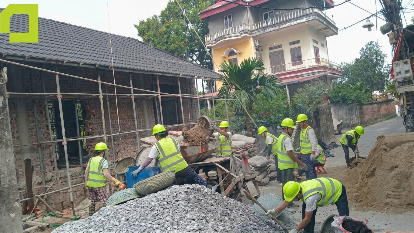 Đội thợ xây dựng trộn và vận chuyển vật liệu tại công trình 