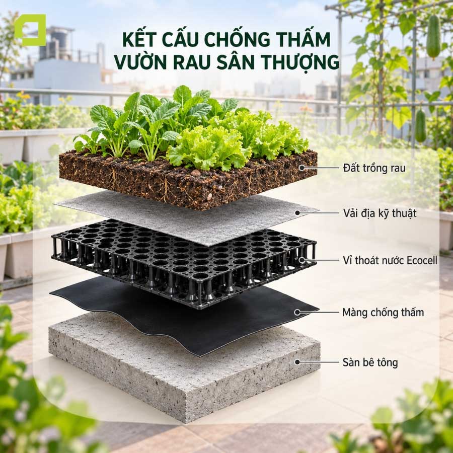 Kết cấu lớp chống thấm sân thượng khi cải tạo thành vườn trồng rau